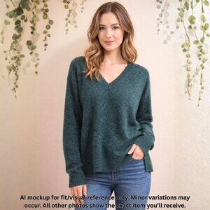 Lucky Brand Green V Neck Sweater Small Fuzzy Soft Knit Side Slit Pullover